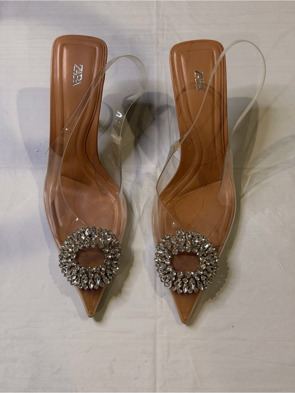 Zara Rhinestone Buckle Clear Slingback Heels – Nude – Size 40
